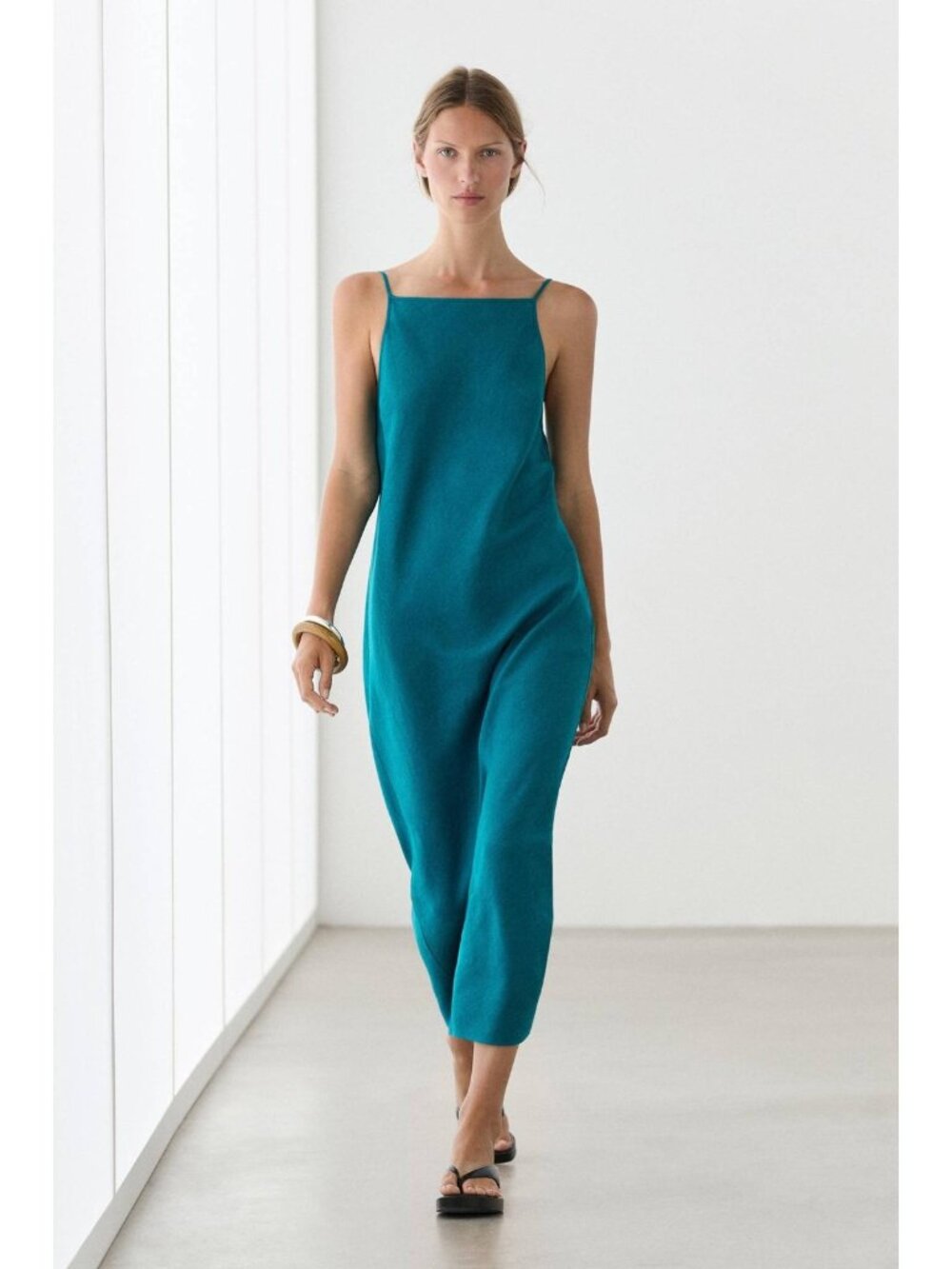 Massimo Dutti Midi Dress Small Blue Square Neck Linen Blend 6625/845 NWT